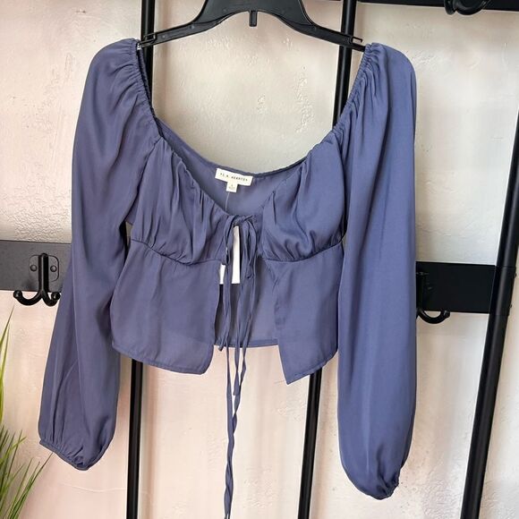 LA Hearts Pac Sun Tie Front Satin Long Sleeve Top blue size small - Picture 7 of 16